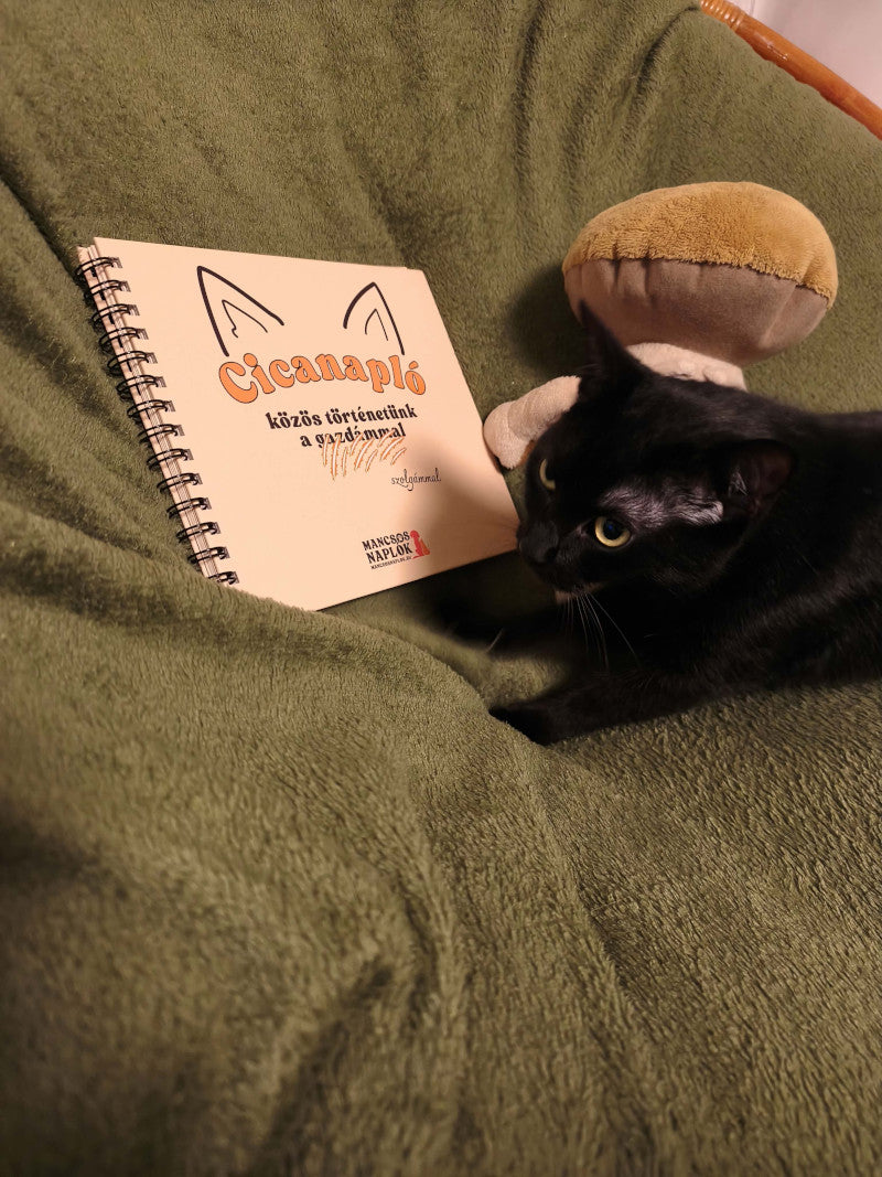 Cicanapló a Mancsos Naplók sorozat részeként, mellette egy fekete macska fekszik.